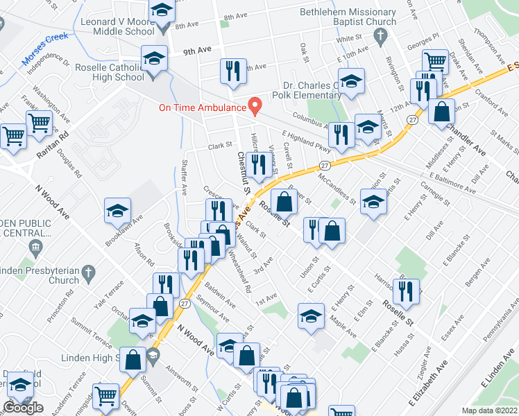 map of restaurants, bars, coffee shops, grocery stores, and more near 1529 Roselle Street in Linden