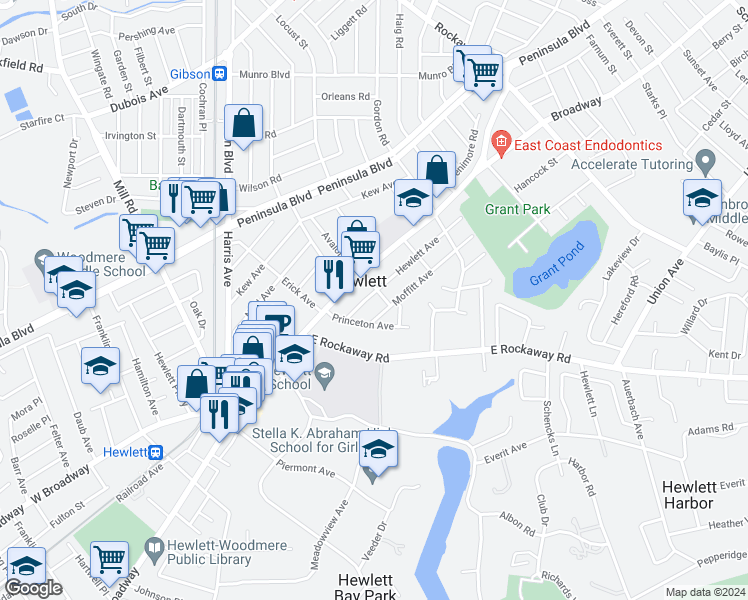 map of restaurants, bars, coffee shops, grocery stores, and more near 1479 Hewlett Avenue in Hewlett