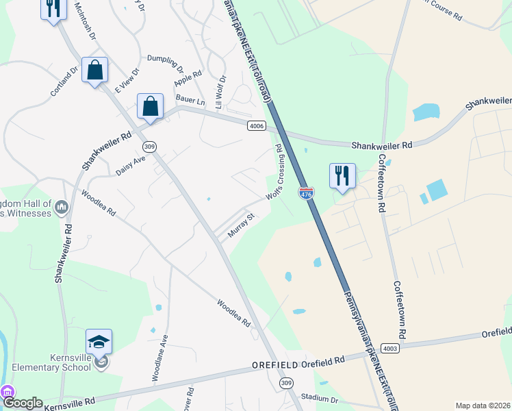 map of restaurants, bars, coffee shops, grocery stores, and more near 4373 Wolfs Crossing Road in Lehigh County