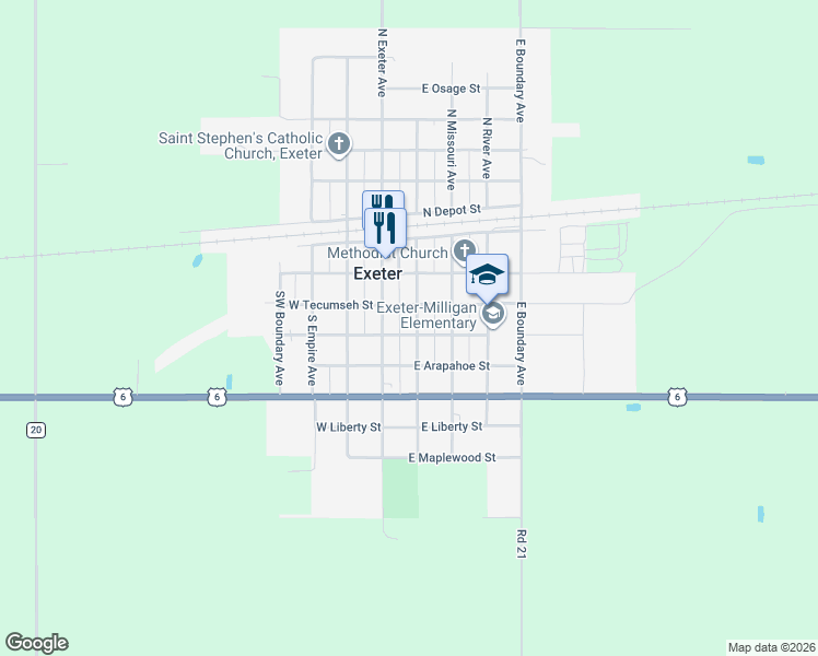 map of restaurants, bars, coffee shops, grocery stores, and more near 321 South Burlington Avenue in Exeter