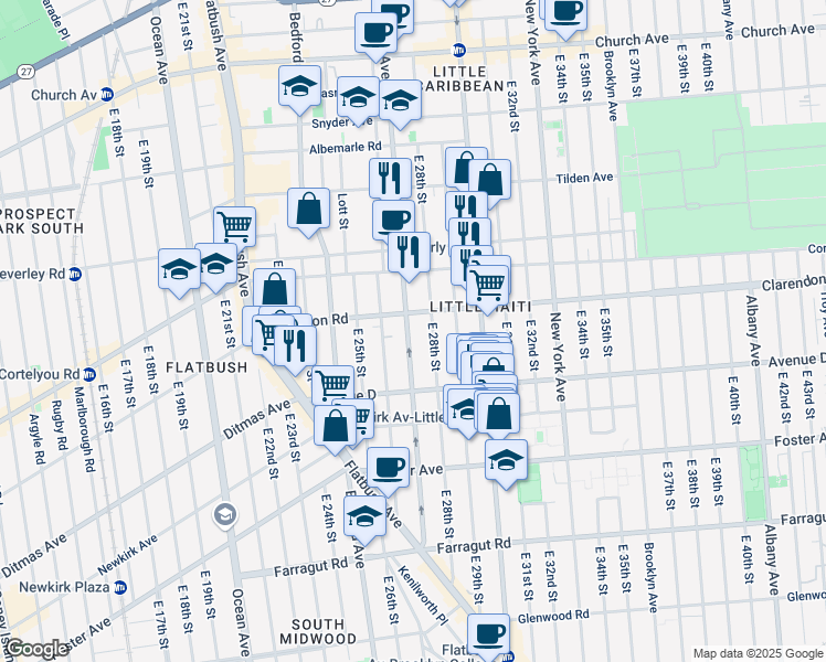 map of restaurants, bars, coffee shops, grocery stores, and more near 1119 Rogers Avenue in Brooklyn
