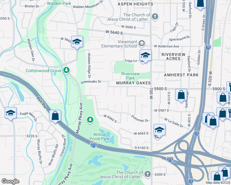 map of restaurants, bars, coffee shops, grocery stores, and more near 5923 South 860 West in Murray