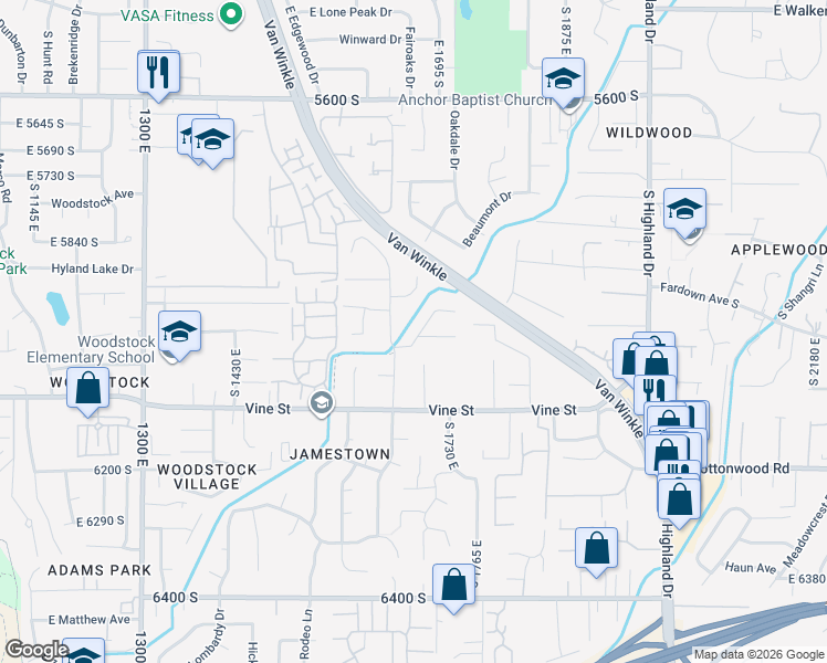 map of restaurants, bars, coffee shops, grocery stores, and more near 5988 Monte Carlo Drive in Murray