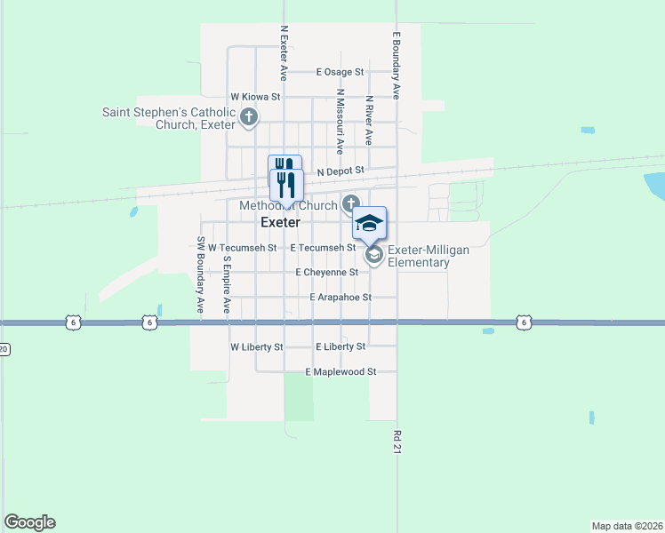 map of restaurants, bars, coffee shops, grocery stores, and more near 221 East Cheyenne Street in Exeter
