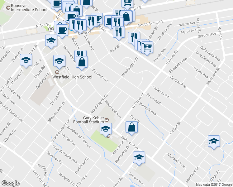 map of restaurants, bars, coffee shops, grocery stores, and more near 412 Everson Place in Westfield