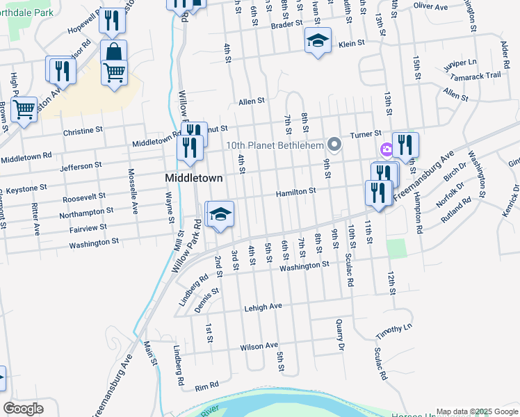 map of restaurants, bars, coffee shops, grocery stores, and more near 1849 5th Street in Bethlehem
