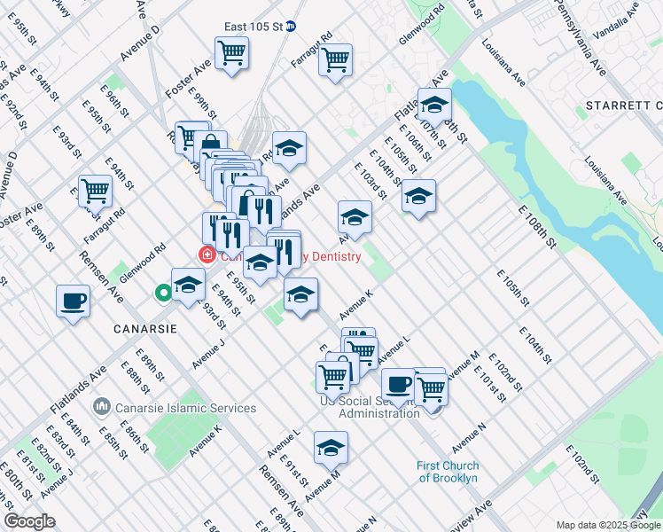map of restaurants, bars, coffee shops, grocery stores, and more near 1207 East 98th Street in Brooklyn
