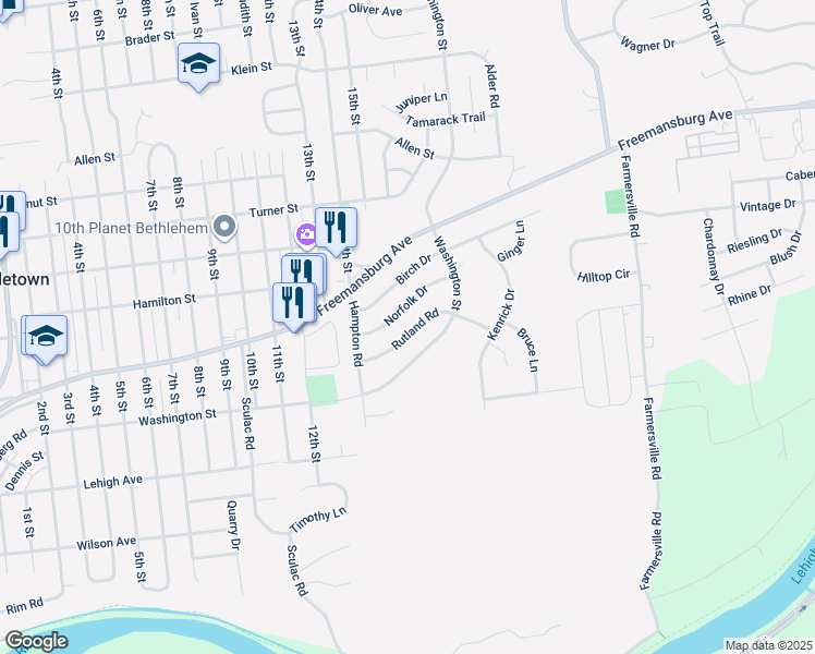 map of restaurants, bars, coffee shops, grocery stores, and more near 3943 Rutland Road in Bethlehem