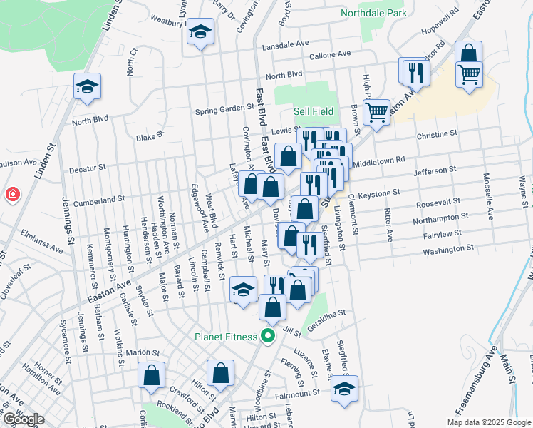 map of restaurants, bars, coffee shops, grocery stores, and more near 2432 Easton Avenue in Bethlehem