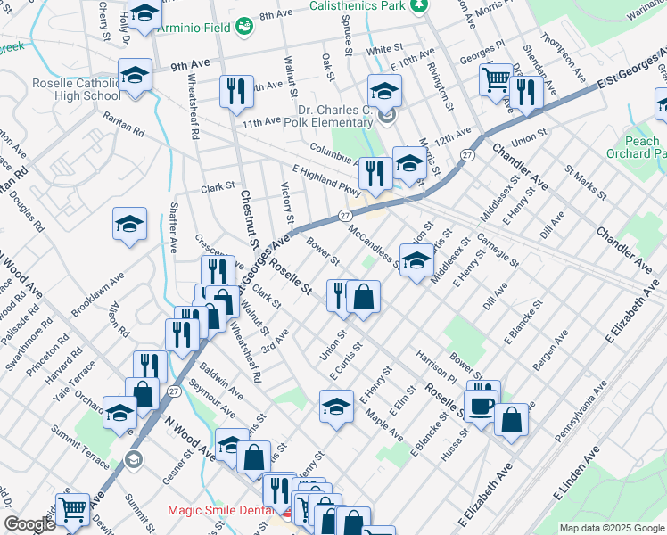 map of restaurants, bars, coffee shops, grocery stores, and more near 1413 Bower Street in Linden