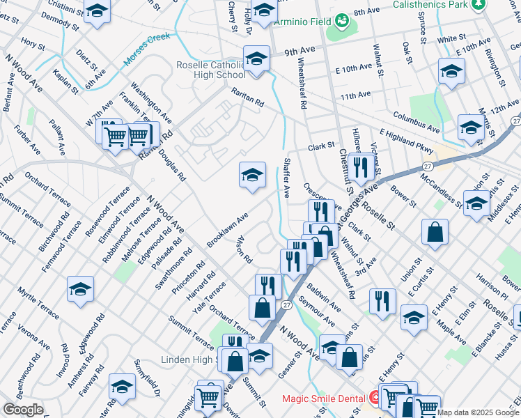 map of restaurants, bars, coffee shops, grocery stores, and more near 409 Brooklawn Avenue in Roselle