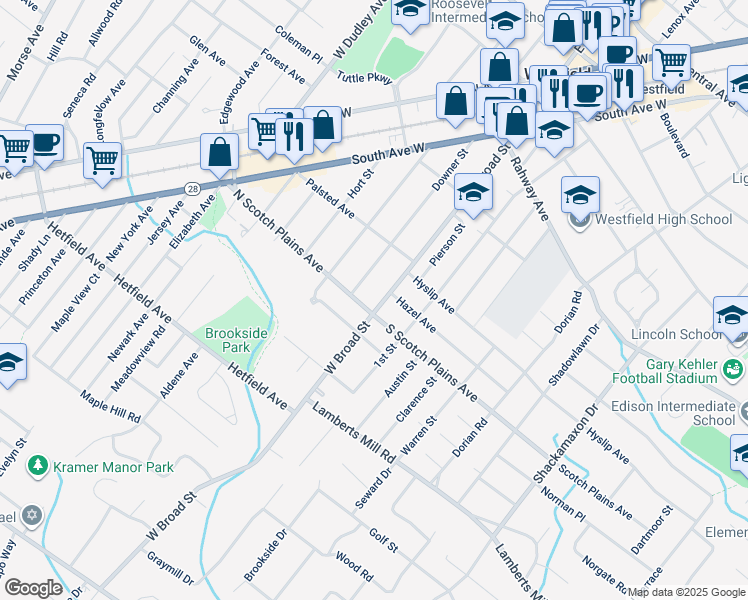 map of restaurants, bars, coffee shops, grocery stores, and more near 650 West Broad Street in Westfield