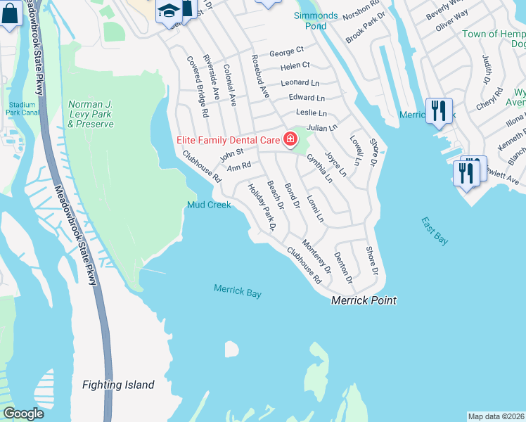map of restaurants, bars, coffee shops, grocery stores, and more near 2980 Holiday Park Drive in Merrick