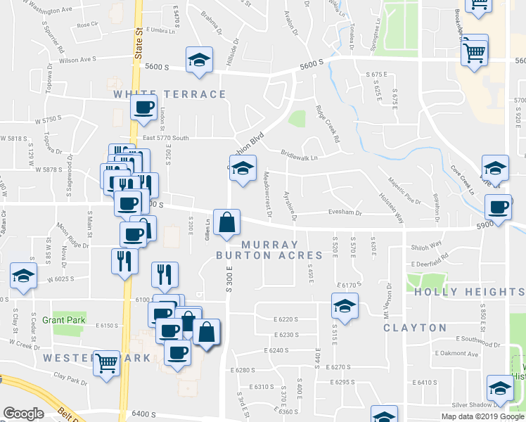 map of restaurants, bars, coffee shops, grocery stores, and more near 5866 Meadowcrest Drive in Murray