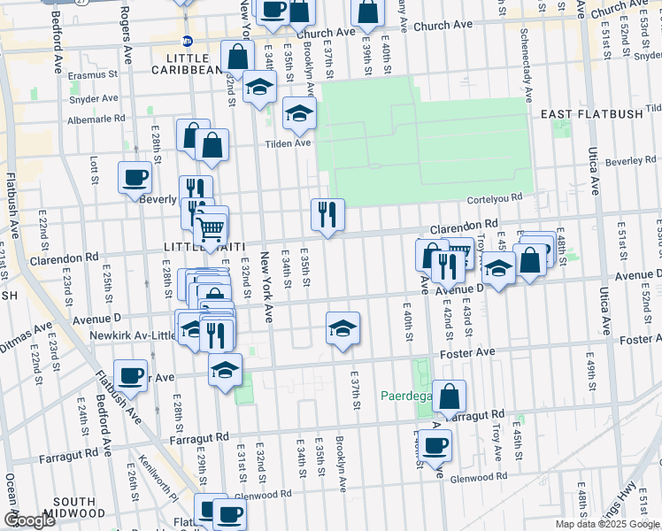 map of restaurants, bars, coffee shops, grocery stores, and more near 1259 Brooklyn Avenue in Brooklyn