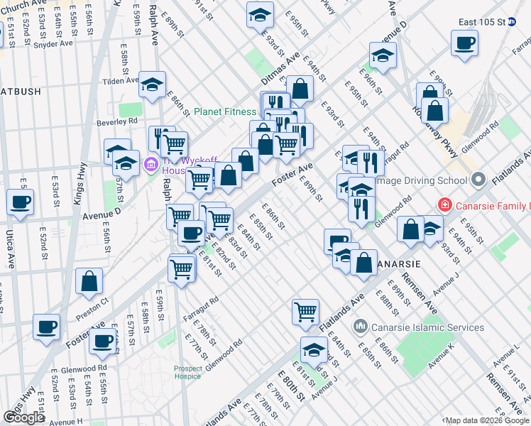 map of restaurants, bars, coffee shops, grocery stores, and more near 538 East 86th Street in Brooklyn