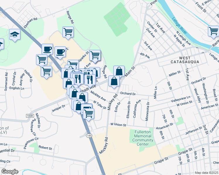 map of restaurants, bars, coffee shops, grocery stores, and more near 1316 Albert Street in Fullerton