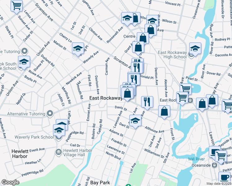 map of restaurants, bars, coffee shops, grocery stores, and more near 135 Grant Avenue in East Rockaway