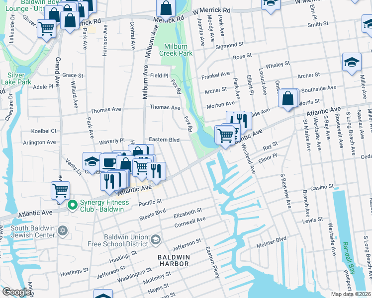 map of restaurants, bars, coffee shops, grocery stores, and more near 2793 Laurel Avenue in Baldwin