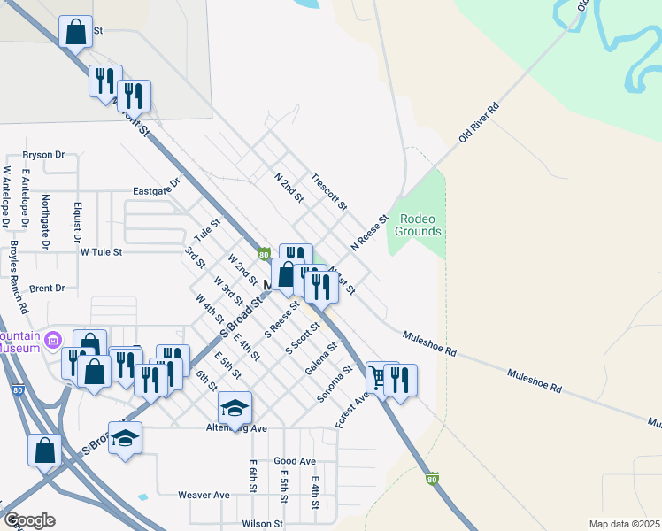 map of restaurants, bars, coffee shops, grocery stores, and more near 685 West 1st Street in Battle Mountain