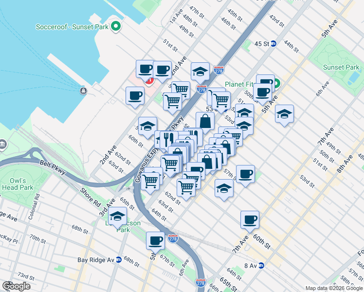 map of restaurants, bars, coffee shops, grocery stores, and more near 365 58th Street in Brooklyn