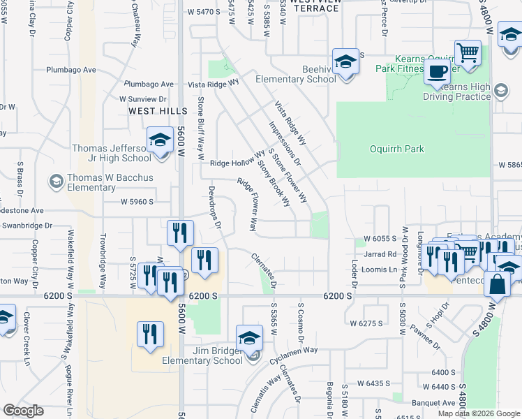 map of restaurants, bars, coffee shops, grocery stores, and more near 5985 Ridge Flower Way in Kearns