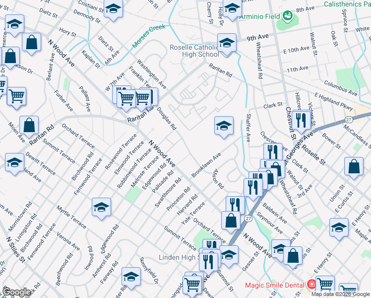 map of restaurants, bars, coffee shops, grocery stores, and more near 342 Douglas Road in Roselle
