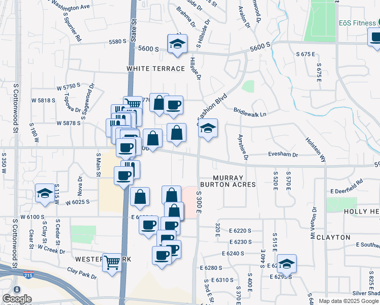 map of restaurants, bars, coffee shops, grocery stores, and more near 262 5900 South in Murray