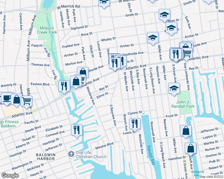 map of restaurants, bars, coffee shops, grocery stores, and more near 427 South Bayview Avenue in Freeport