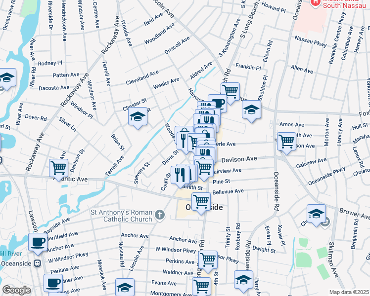 map of restaurants, bars, coffee shops, grocery stores, and more near 2874 Davis Street in Oceanside