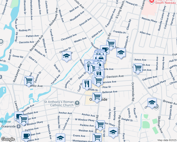 map of restaurants, bars, coffee shops, grocery stores, and more near 2874 Davis Street in Oceanside