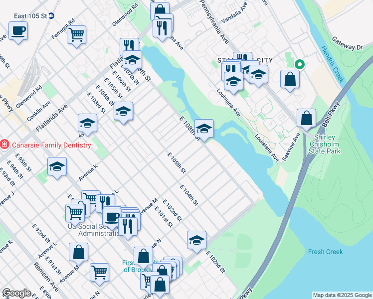map of restaurants, bars, coffee shops, grocery stores, and more near 10551 Flatlands 6th Street in Brooklyn