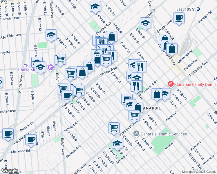 map of restaurants, bars, coffee shops, grocery stores, and more near 574 East 87th Street in Brooklyn