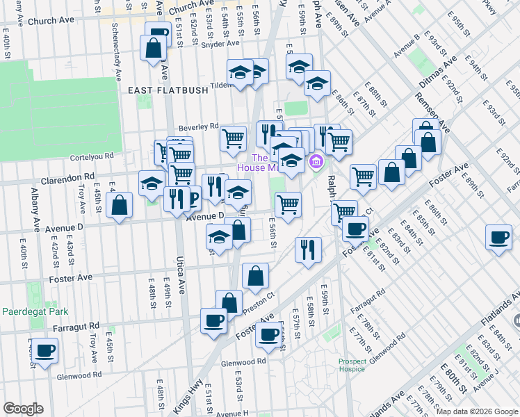 map of restaurants, bars, coffee shops, grocery stores, and more near 615 East 55th Street in Brooklyn