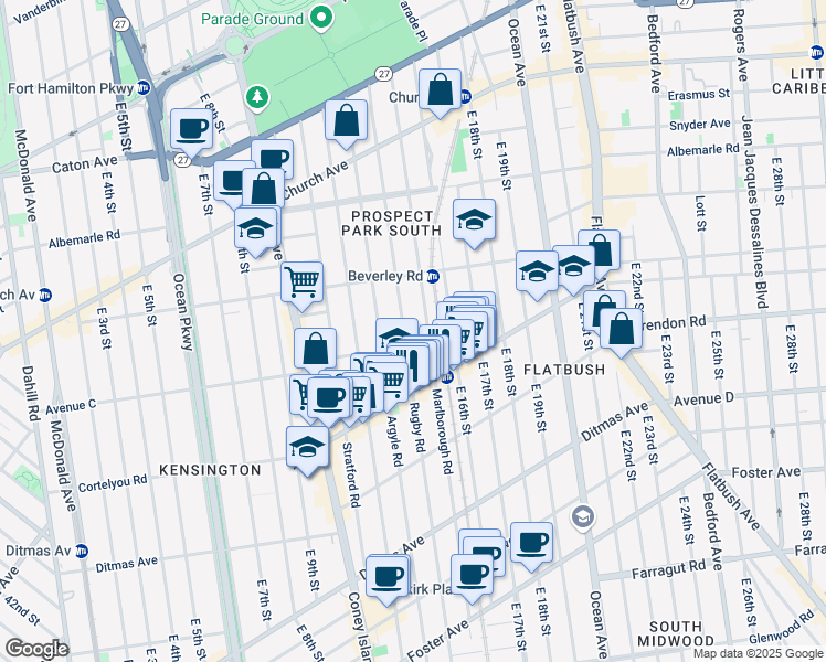 map of restaurants, bars, coffee shops, grocery stores, and more near 310 Marlborough Road in Brooklyn