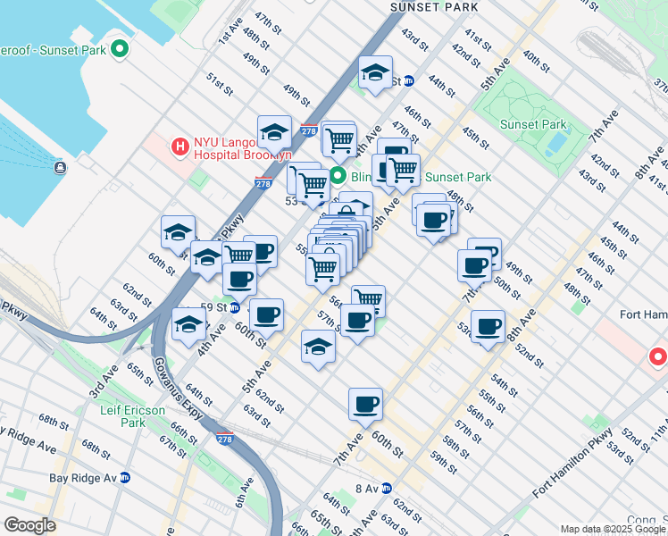 map of restaurants, bars, coffee shops, grocery stores, and more near 5516 5th Avenue in Brooklyn