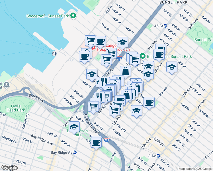 map of restaurants, bars, coffee shops, grocery stores, and more near 330 59th Street in Brooklyn