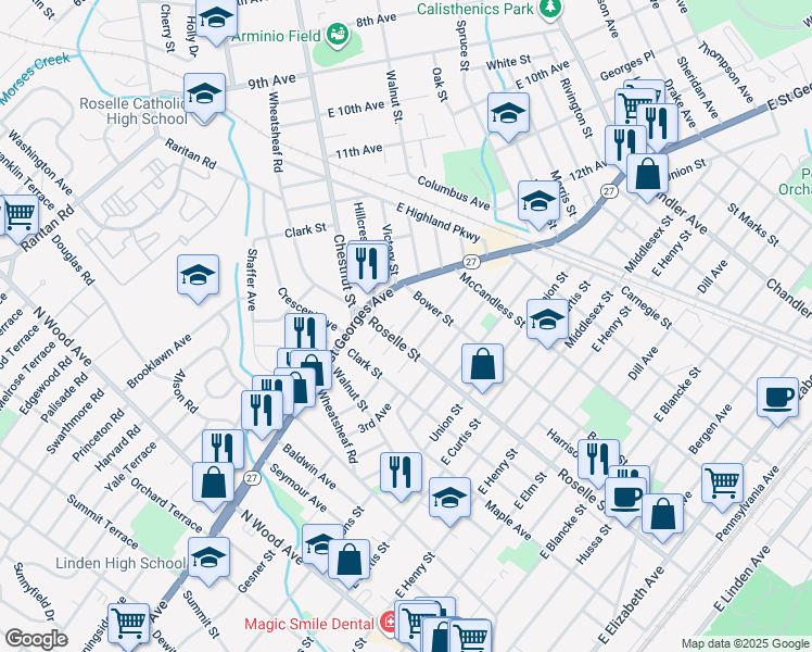 map of restaurants, bars, coffee shops, grocery stores, and more near 612 Pierce Avenue in Linden