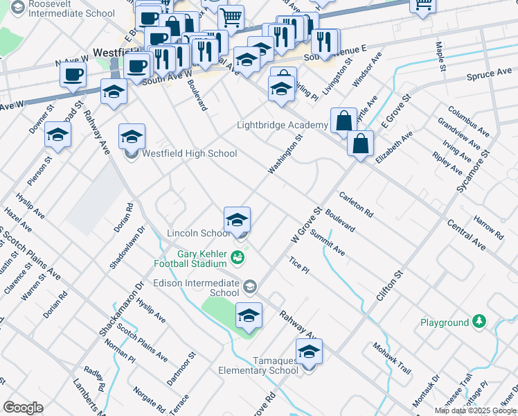 map of restaurants, bars, coffee shops, grocery stores, and more near 412 Everson Place in Westfield