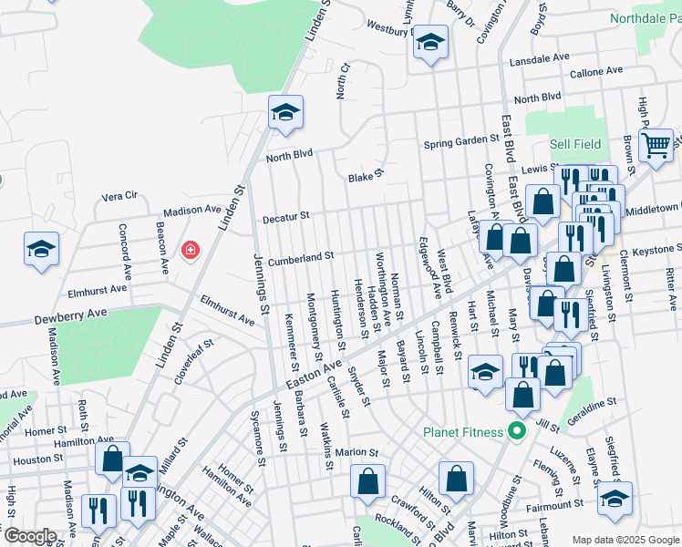 map of restaurants, bars, coffee shops, grocery stores, and more near 2117 Henderson Street in Bethlehem