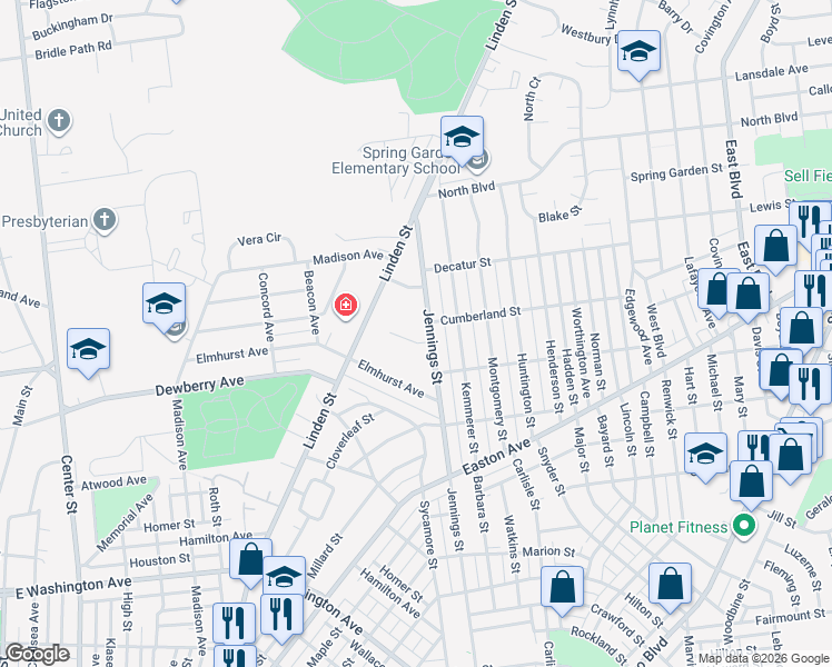 map of restaurants, bars, coffee shops, grocery stores, and more near 2143 Jennings Street in Bethlehem