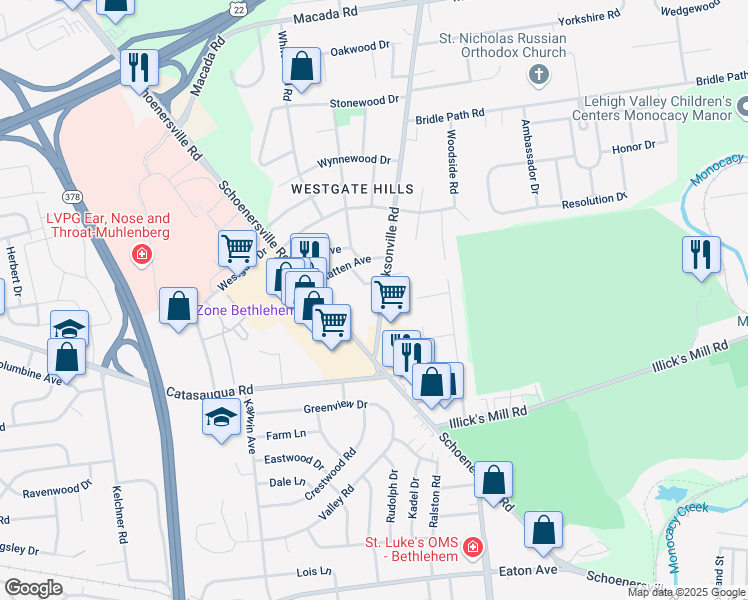 map of restaurants, bars, coffee shops, grocery stores, and more near 2377 Jacksonville Road in Bethlehem