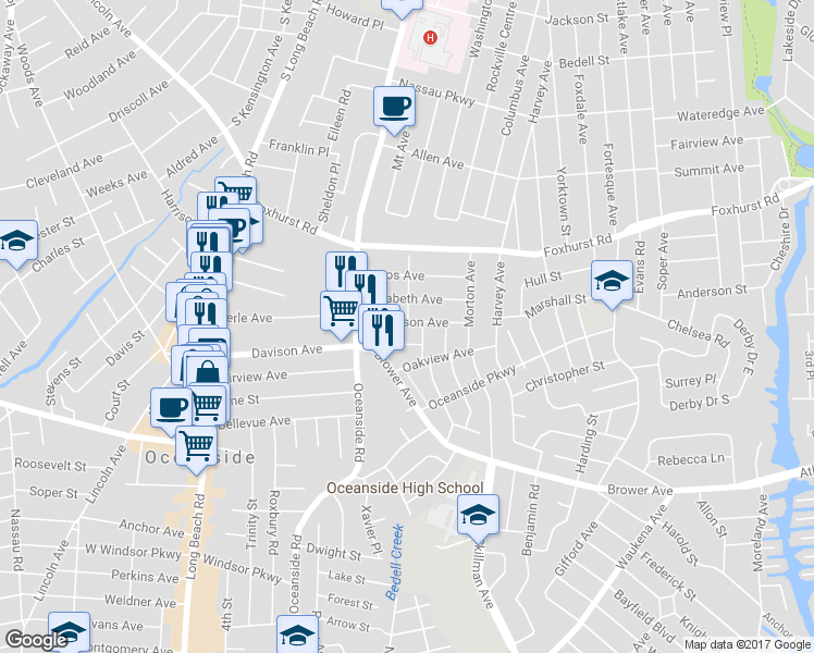 map of restaurants, bars, coffee shops, grocery stores, and more near 218 Madison Avenue in Oceanside