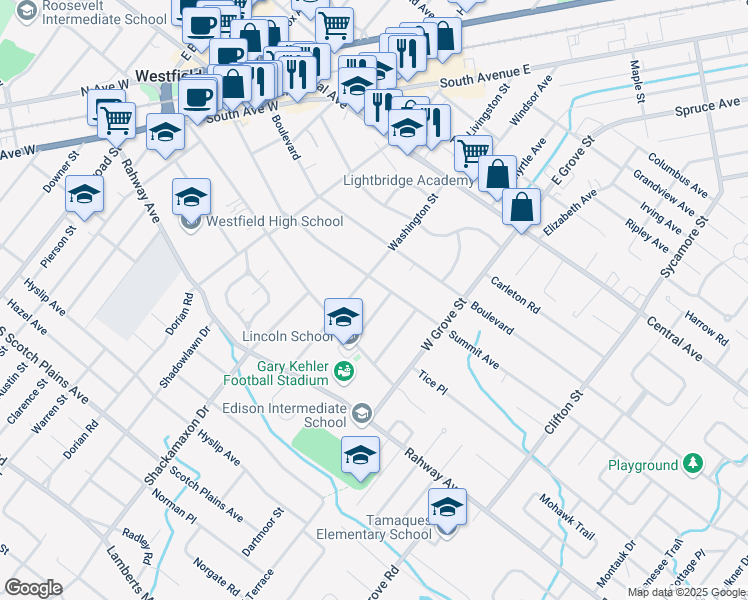map of restaurants, bars, coffee shops, grocery stores, and more near 412 Everson Place in Westfield