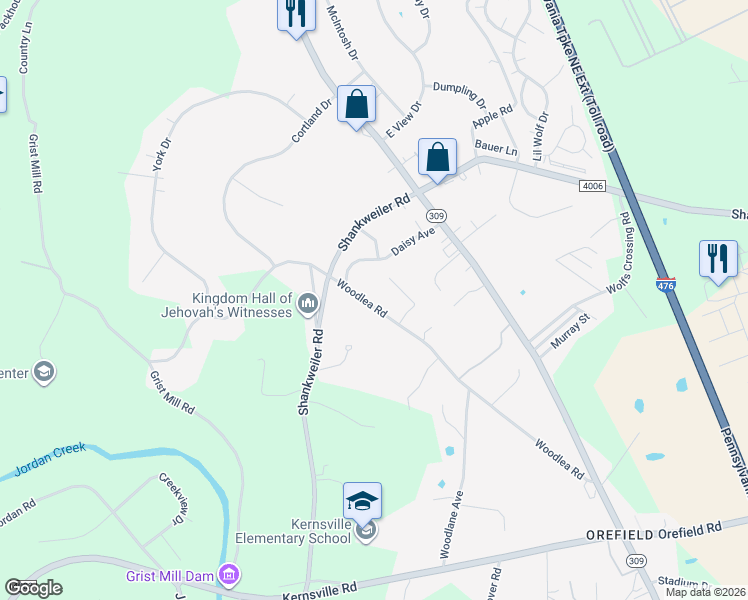 map of restaurants, bars, coffee shops, grocery stores, and more near 3339 Woodlea Road in Lehigh County