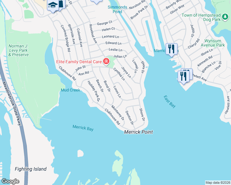 map of restaurants, bars, coffee shops, grocery stores, and more near 3000 Lonni Lane in Merrick