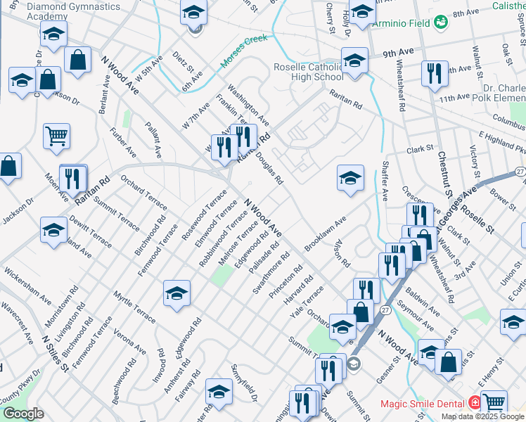 map of restaurants, bars, coffee shops, grocery stores, and more near 1303 North Wood Avenue in Linden