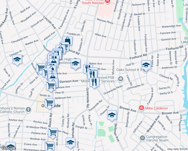 map of restaurants, bars, coffee shops, grocery stores, and more near 22 Madison Avenue in Oceanside