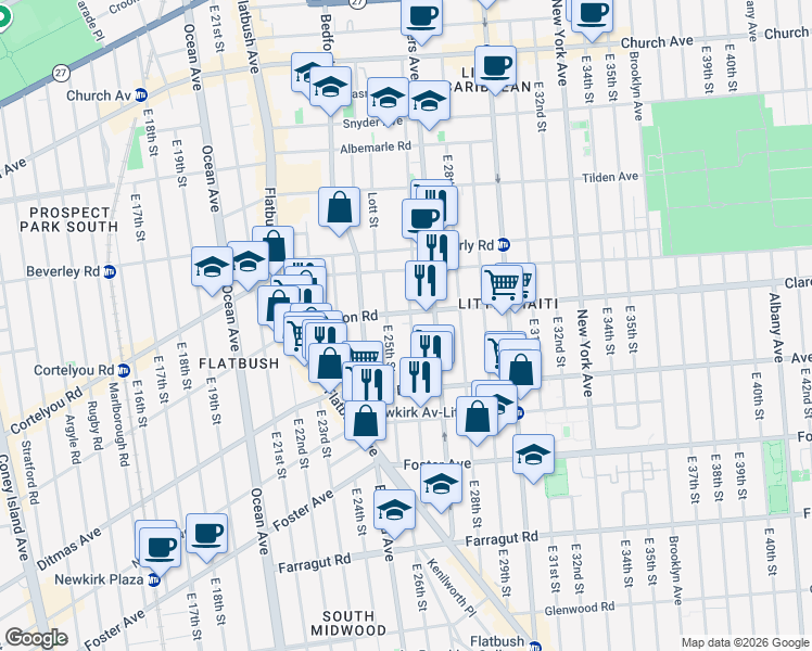 map of restaurants, bars, coffee shops, grocery stores, and more near 316 East 26th Street in Brooklyn