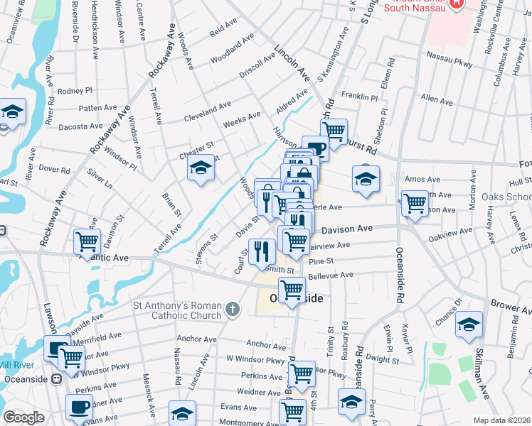 map of restaurants, bars, coffee shops, grocery stores, and more near 2874 Davis Street in Oceanside